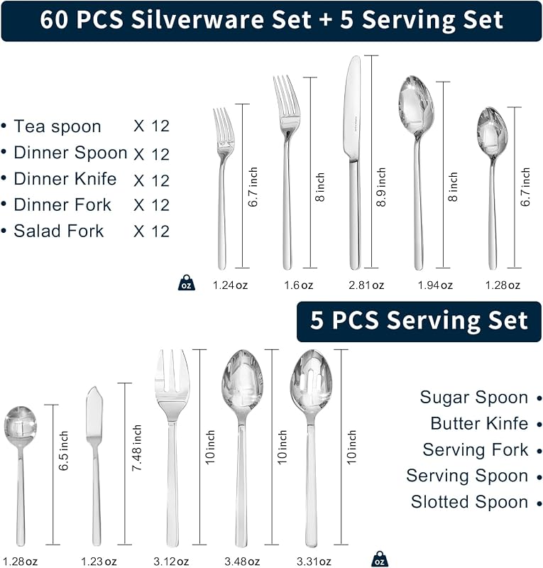 Set 65 Pzas Cubiertos y Utensilios para Servir con Caja