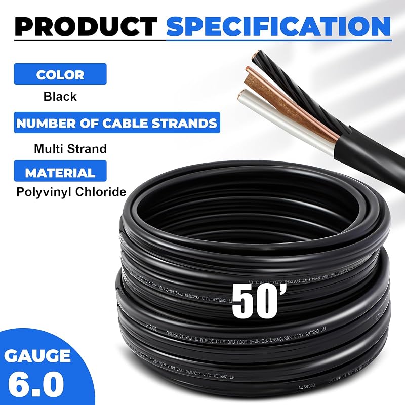 Cable eléctrico 6/2 NM-B 50pies 600V para hogar y garaje