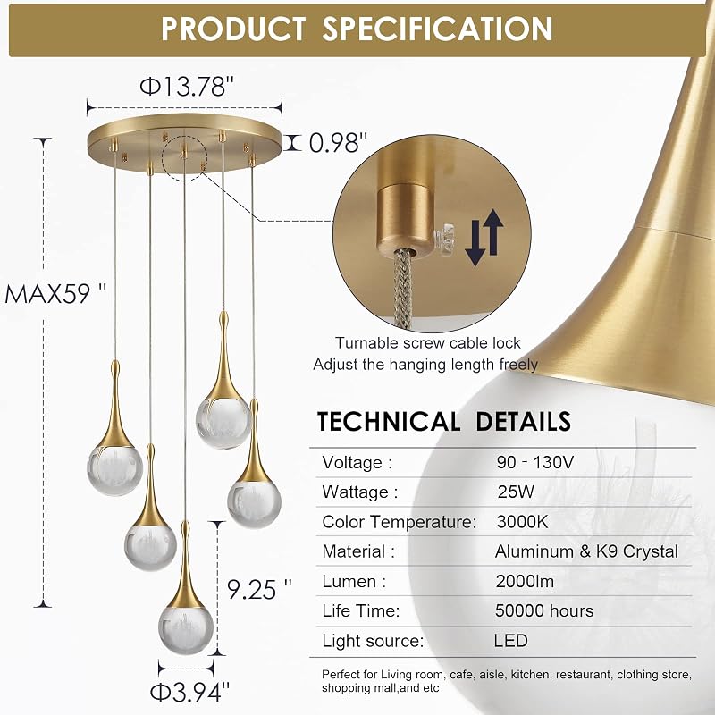 Lámpara colgante cristal 5 luces LED dorada forma lágrima