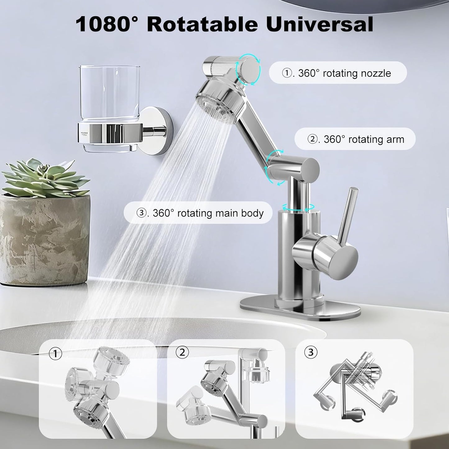 Grifo baño giratorio acero inox ajustable 2 modos pulverización
