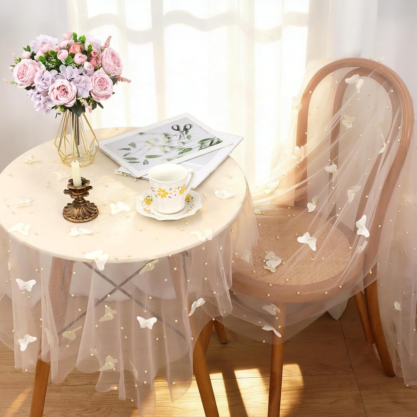 Camino Mesa Gasa Champán Perla 3D 120pulg Tul Transparente Boda
