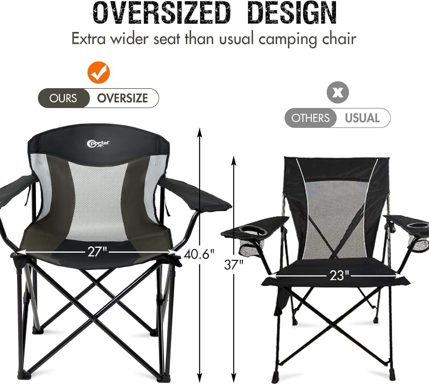 Silla campamento plegable grande soporta 600lb negro/gris
