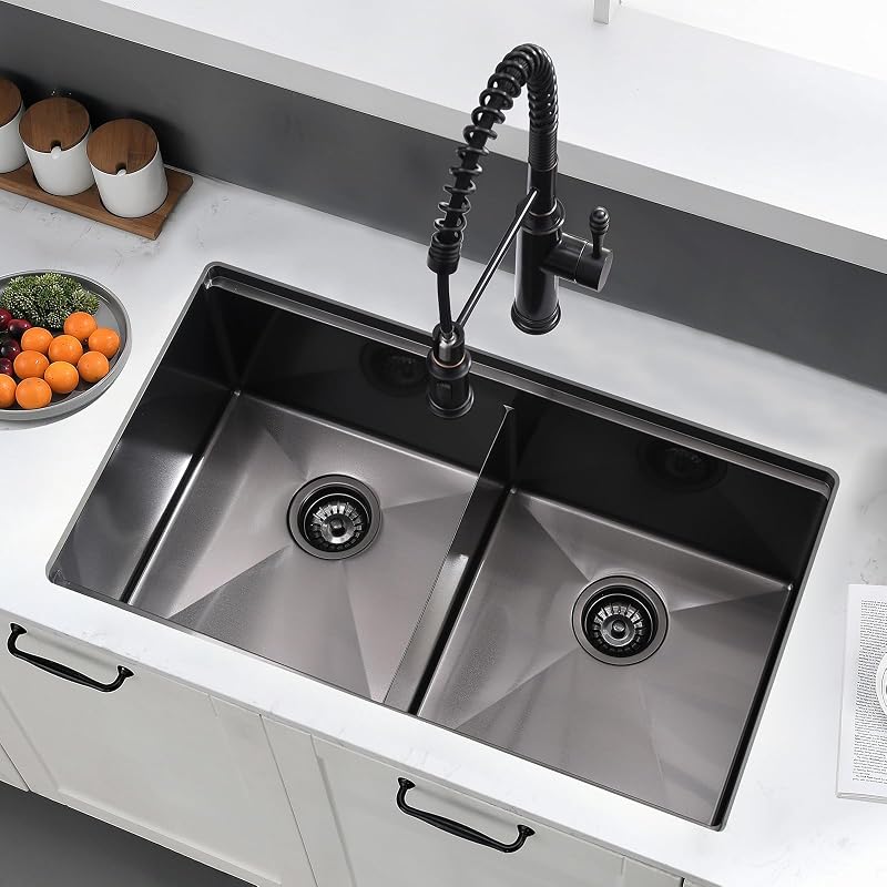 Fregadero cocina negro 30" doble tazón acero inox 16ga