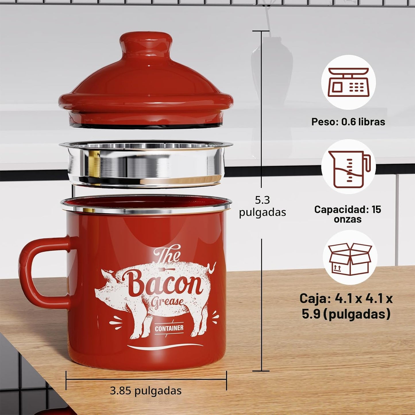 Recipiente grasa tocino con colador 15oz estilo granja