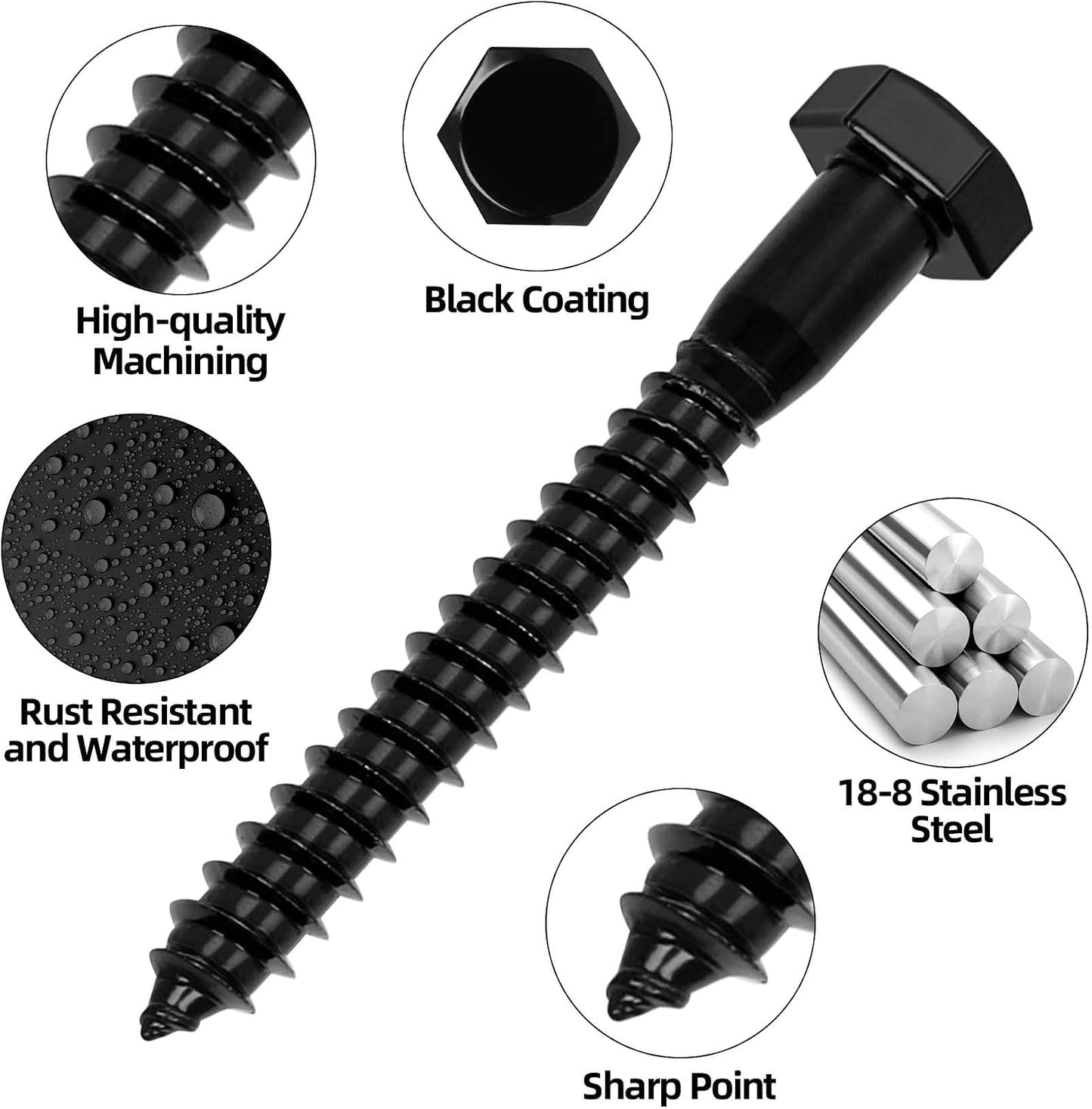 Tornillos acero inox 1/4x1-1/2 pulg madera cabeza hex externa negro