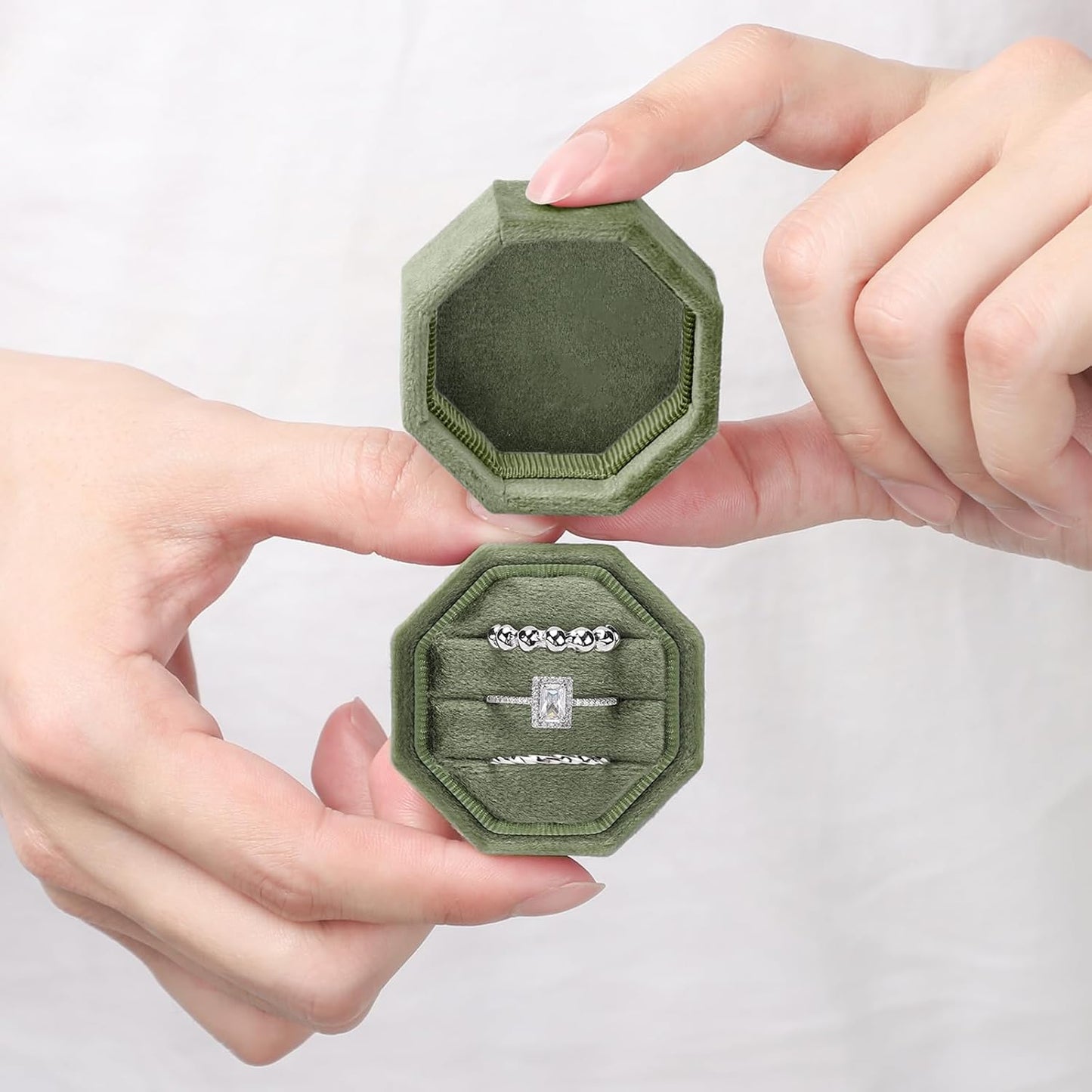 Caja terciopelo anillos 3 ranuras boda vintage verde