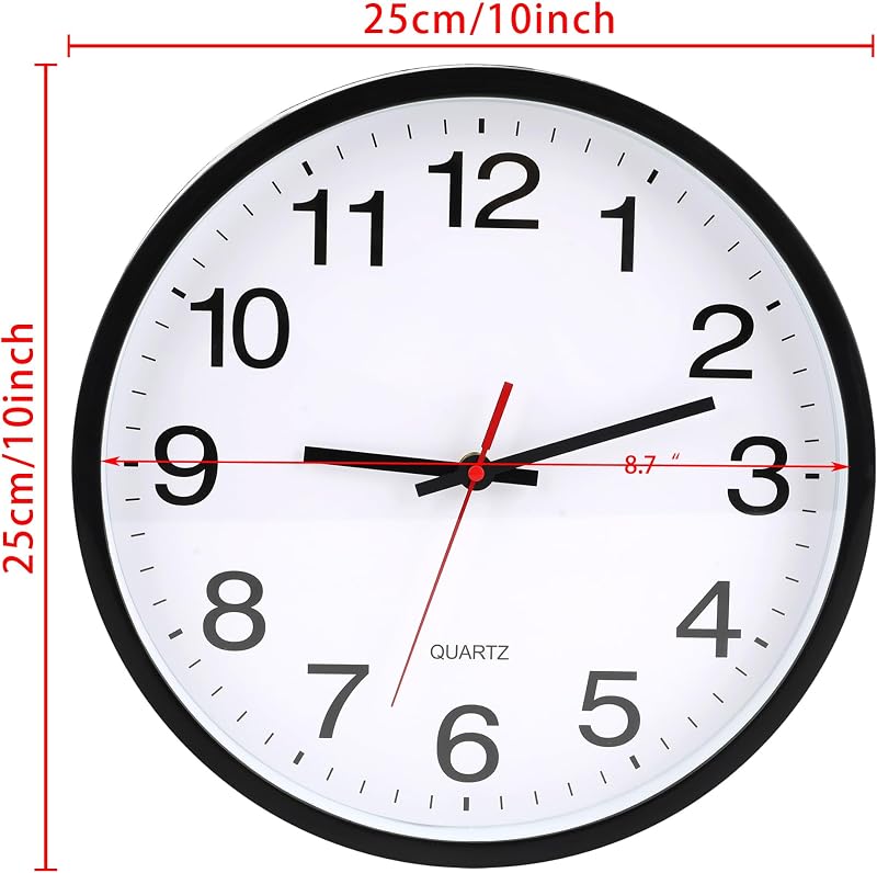 Reloj pared negro silencioso 10pulg cuarzo moderno