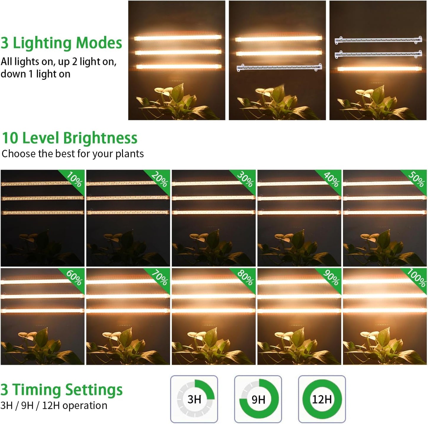 Tiras luz LED cultivo plantas 3500K 144 LEDs temporizador 10