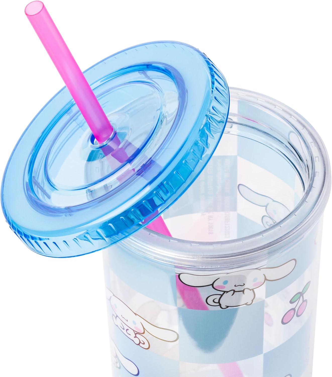 Vaso plástico Cinnamoroll azul cereza con tapa y pajilla 20oz