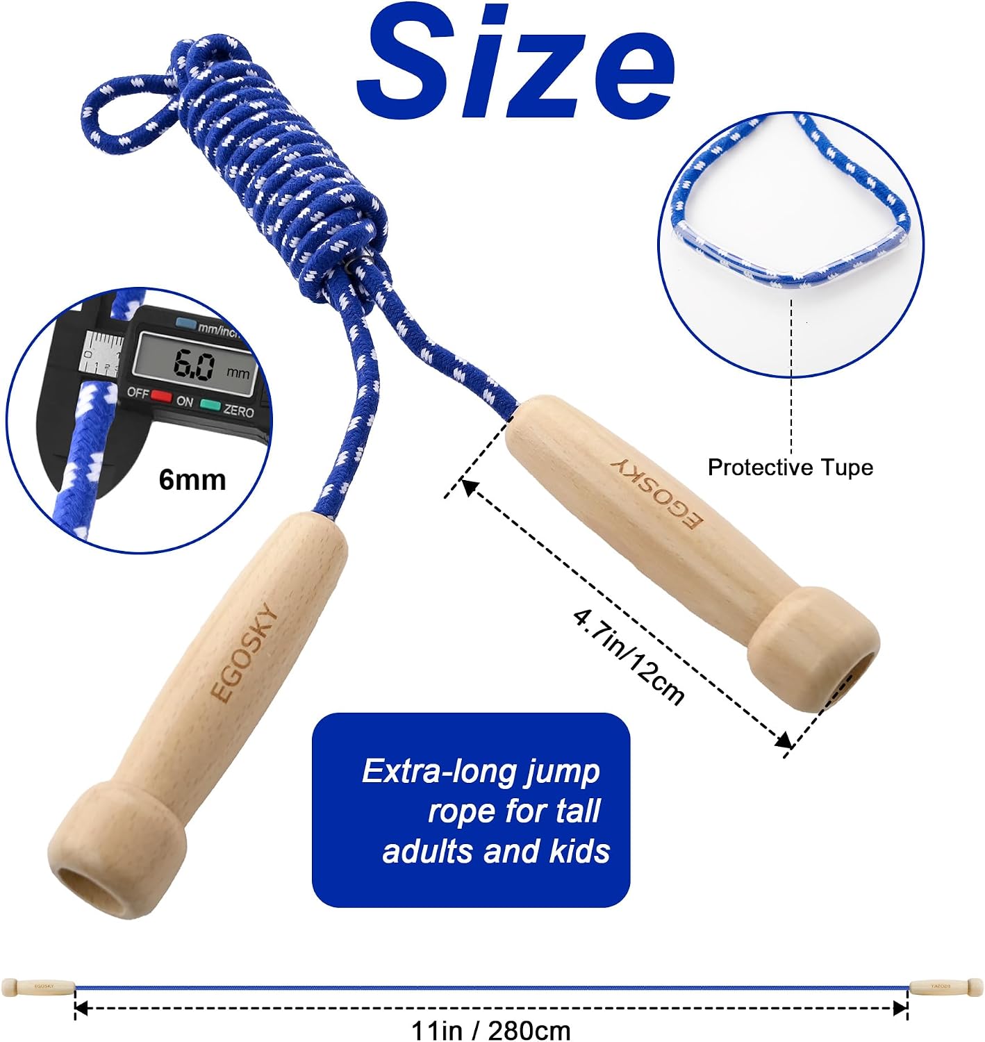 Cuerda saltar ajustable mango madera adultos niños azul
