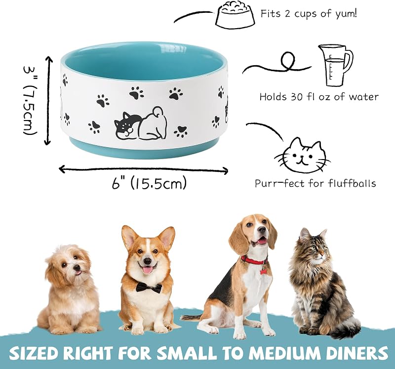 Cuenco cerámica perros 6pulg comida agua 30oz verde azulado