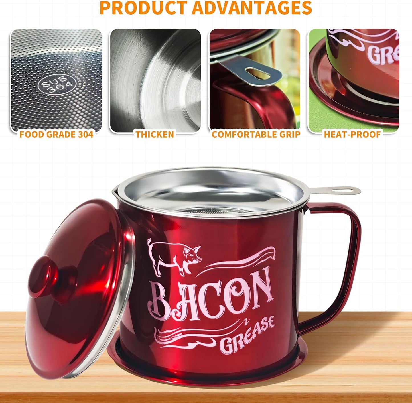 Recipiente grasa tocino 1.3l acero inox con colador