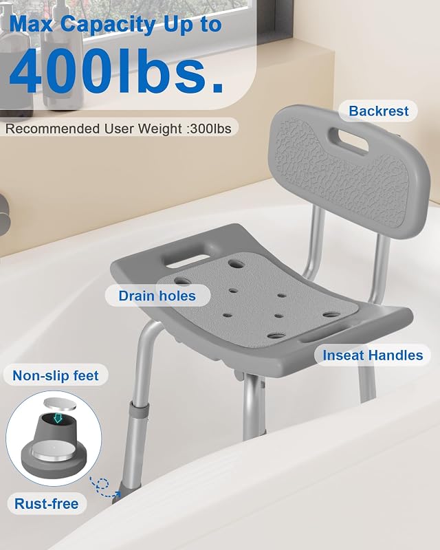 Silla ducha con respaldo extraíble asiento baño 400lb gris