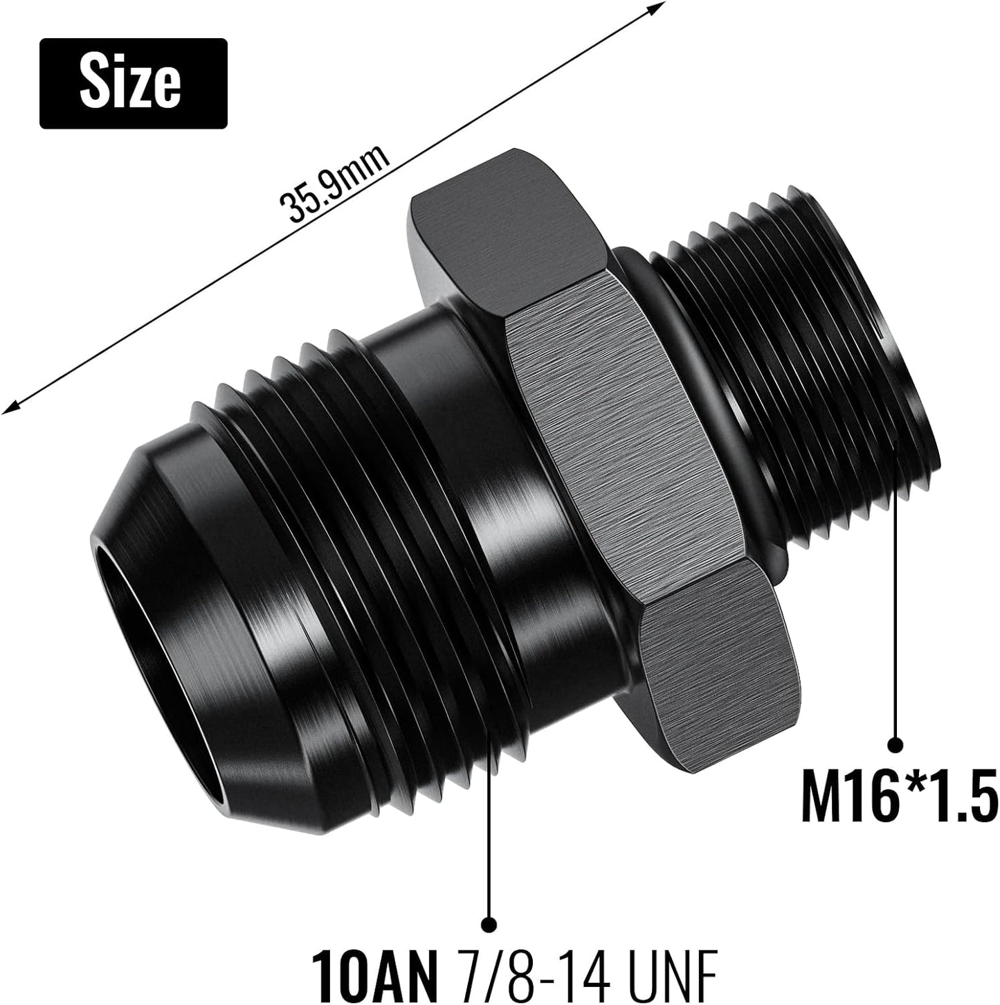 2 Pzas Adaptador Manguera Aluminio Negro Anodizado 10AN a M16x1.5mm