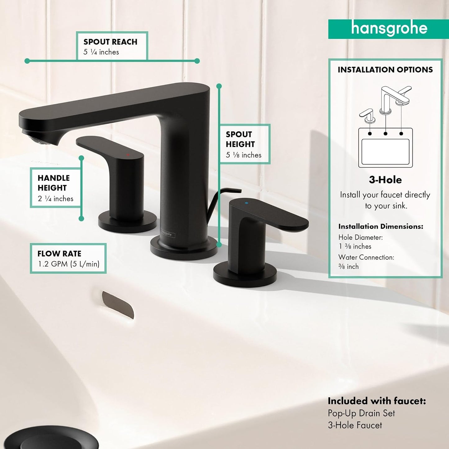 Grifo lavabo baño 2 asas 3 agujeros 1.2 GPM negro mate