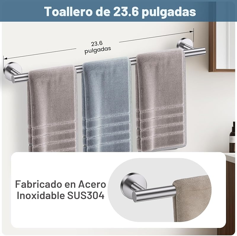 Set 5 Pzas Herrajes Baño Níquel Soporte Toallas 23.6"