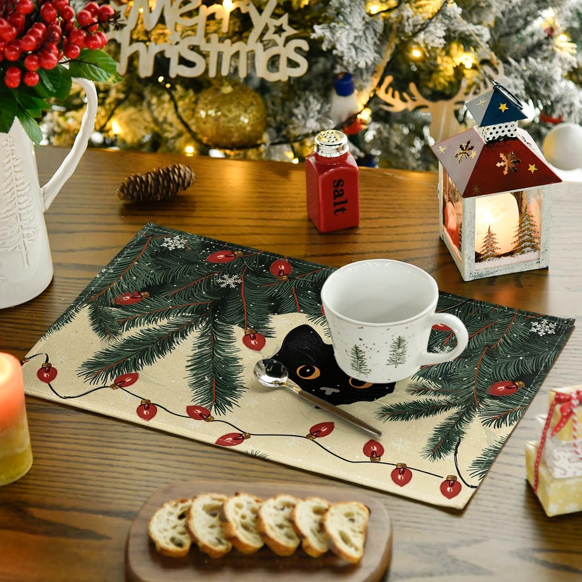 4 Manteles Navidad con Luces Gato 12x18pulg Mesa Fiesta