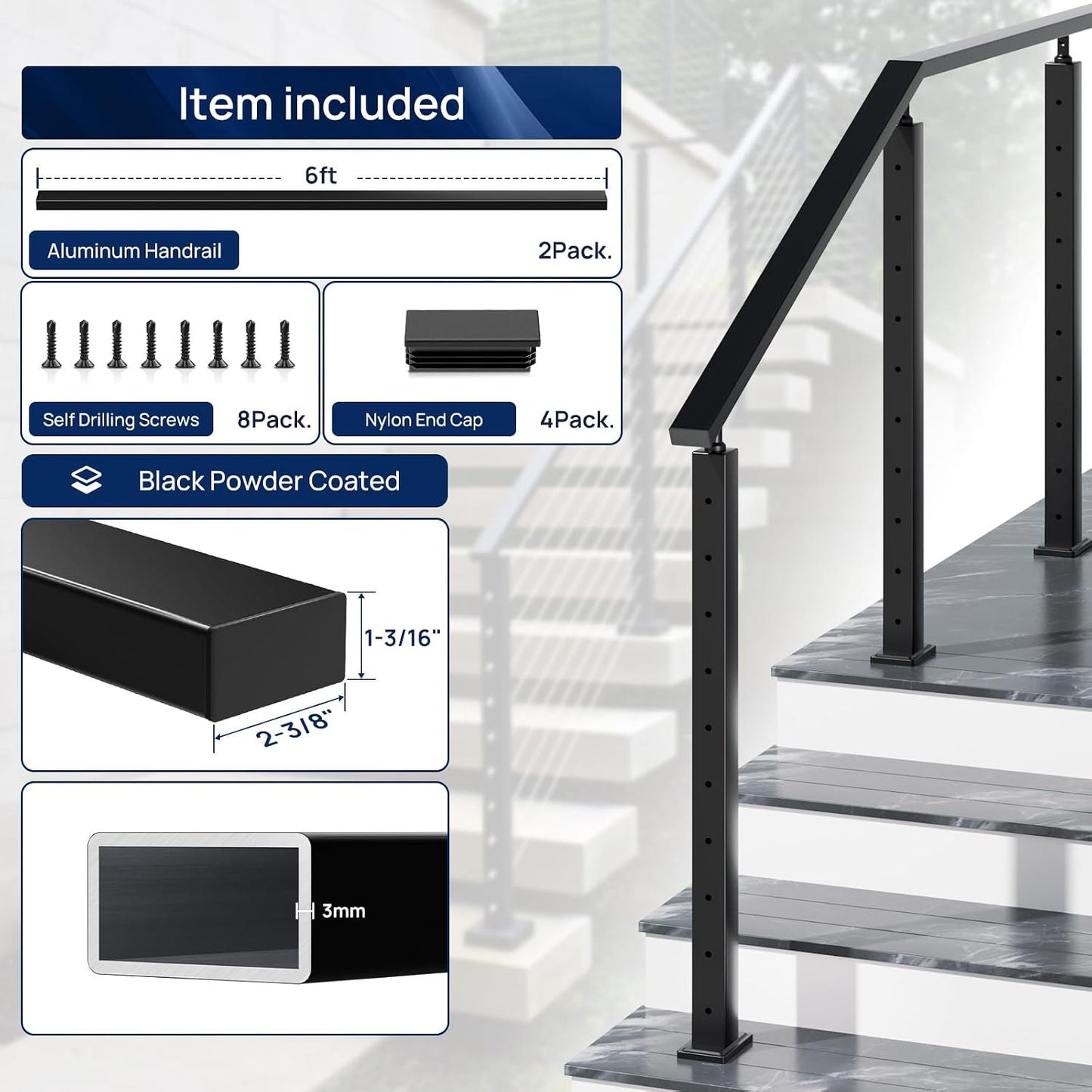 2 Pzas Pasamanos Aluminio Negro 6ft Riel Plano Escalera