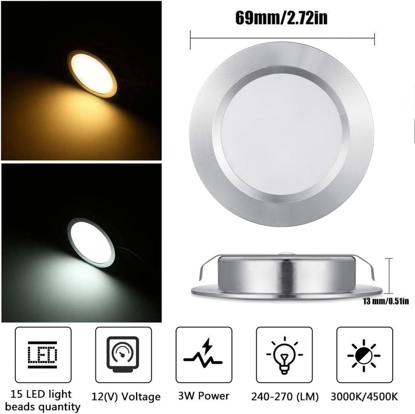 Luces LED 12V RV barco remolque 4500K 3W pack 2