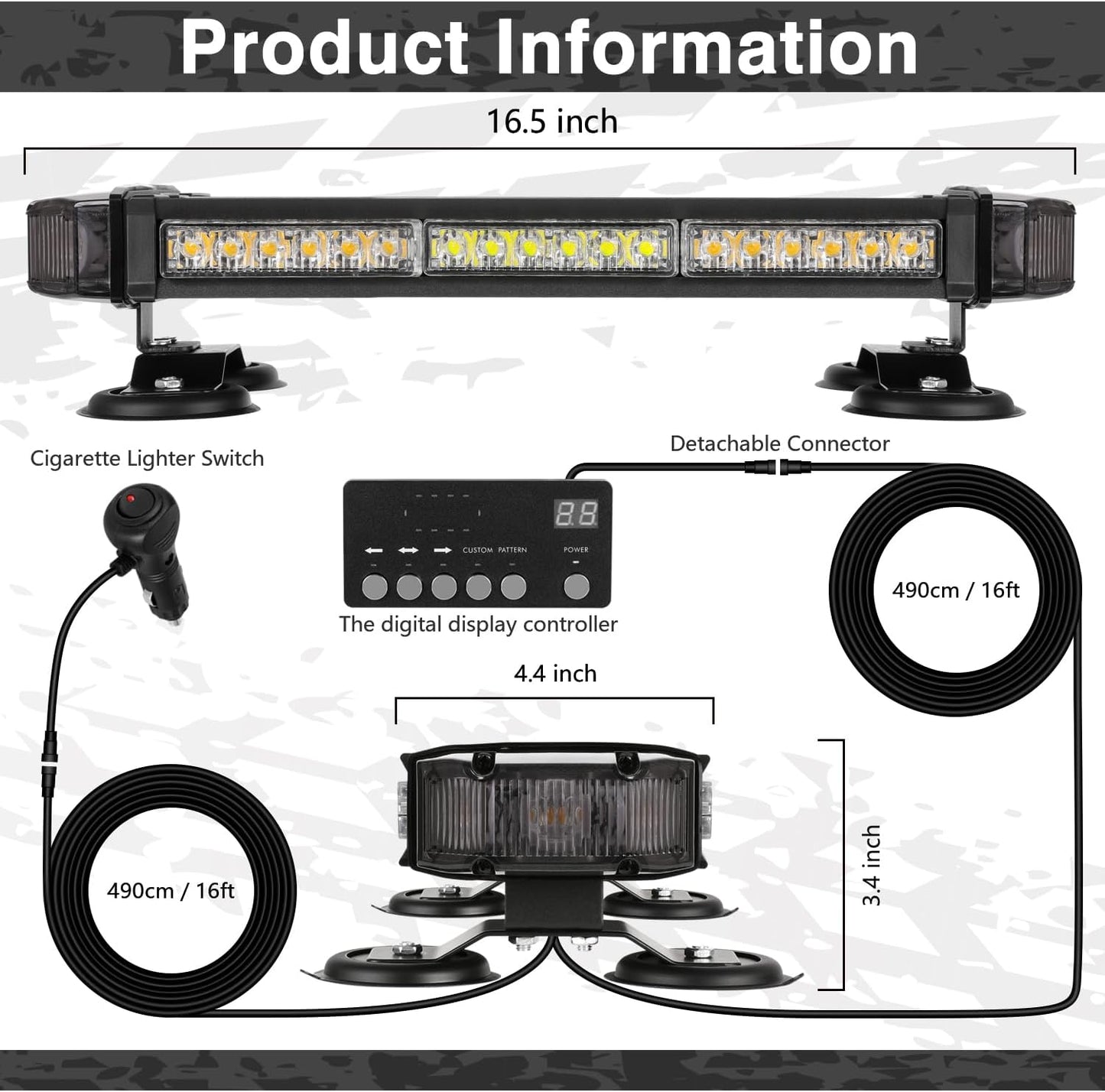 Barra luz LED estroboscópica ámbar 42 luces 16pies