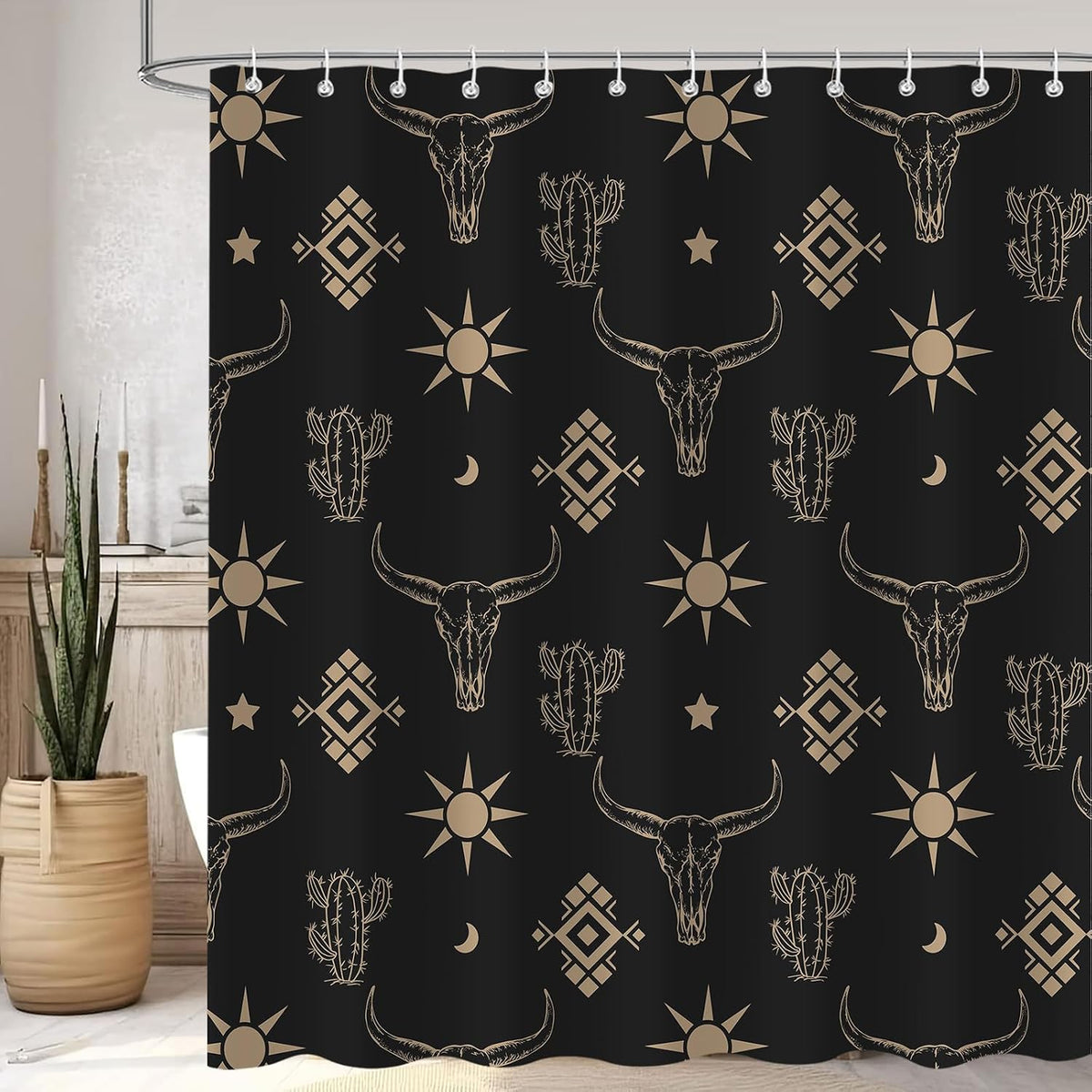 Cortina ducha bohemio calavera vaca negro dorado