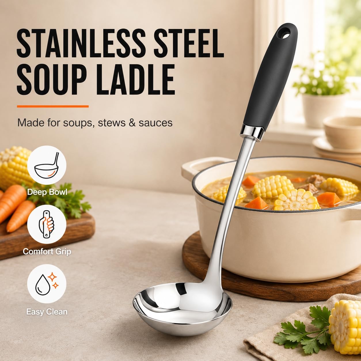 Cucharón acero inox 12pulg mango ergonómico para sopa guiso
