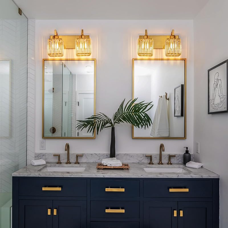 Lámpara cristal pared baño 2 luces color dorado