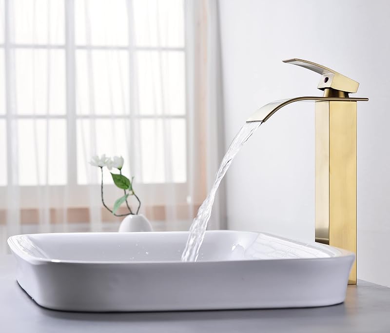 Grifo baño alto color dorado cepillado 1 agujero con desagüe