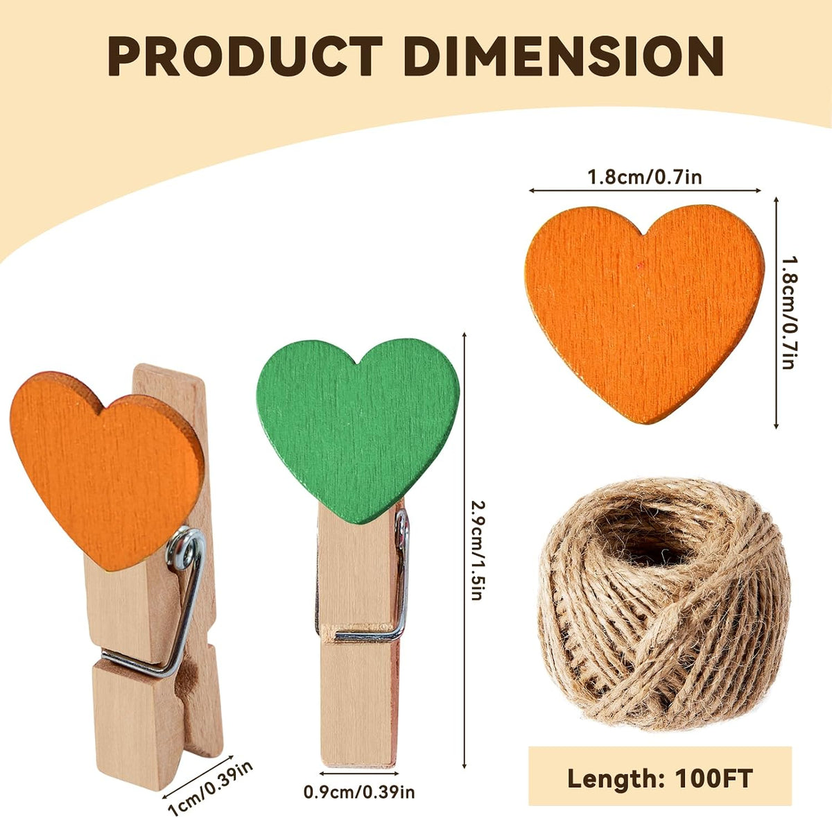 100 Alfileres Corazón Madera 1.4pulg Cordel Yute 100ft Decoración