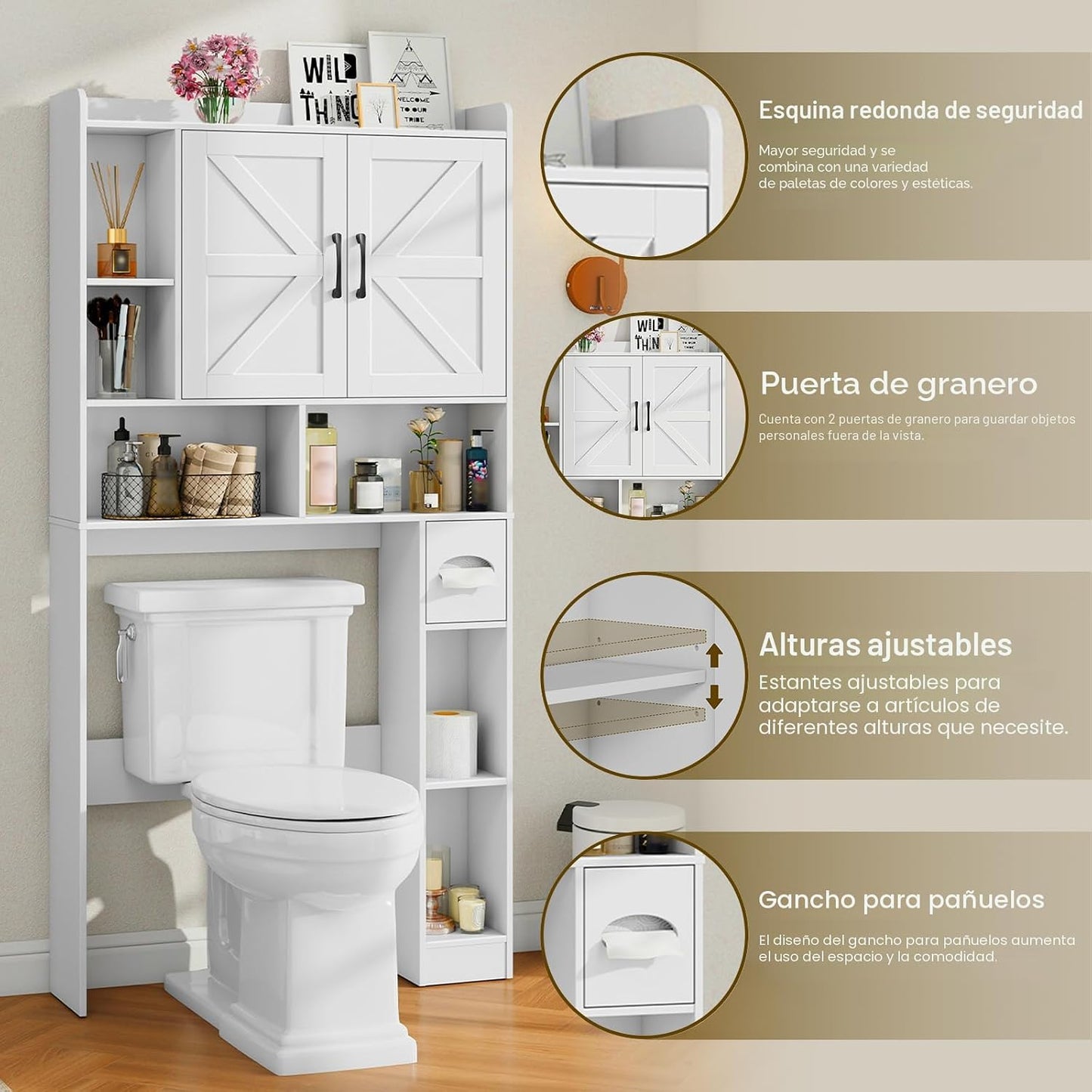 Armario sobre inodoro con 2 puertas y soporte papel