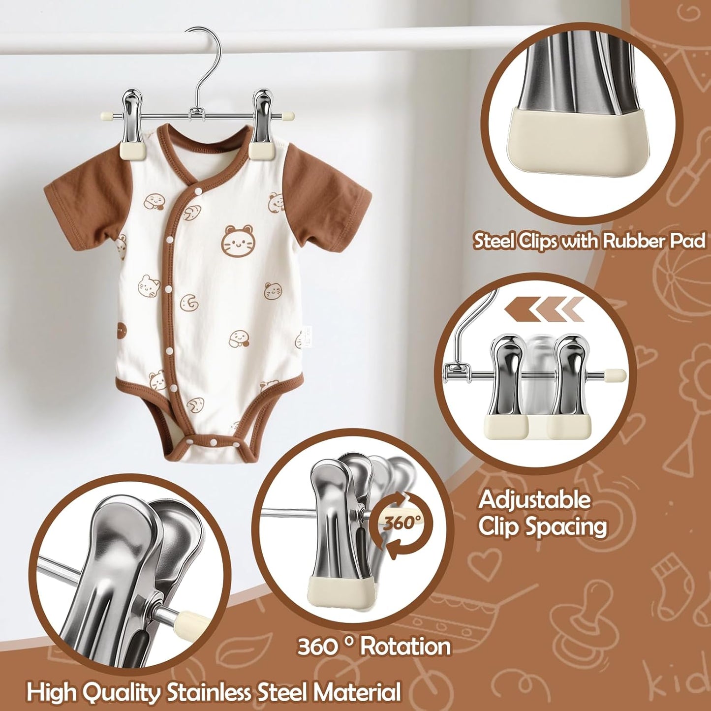 30 Perchas Bebé con Clip Giratorio Acero Inox