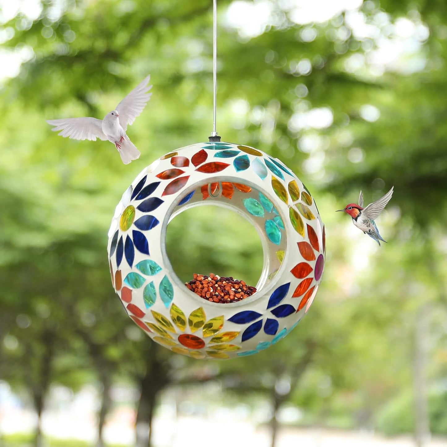 Comedero pájaros mosaico colgante vidrio redondo jardín