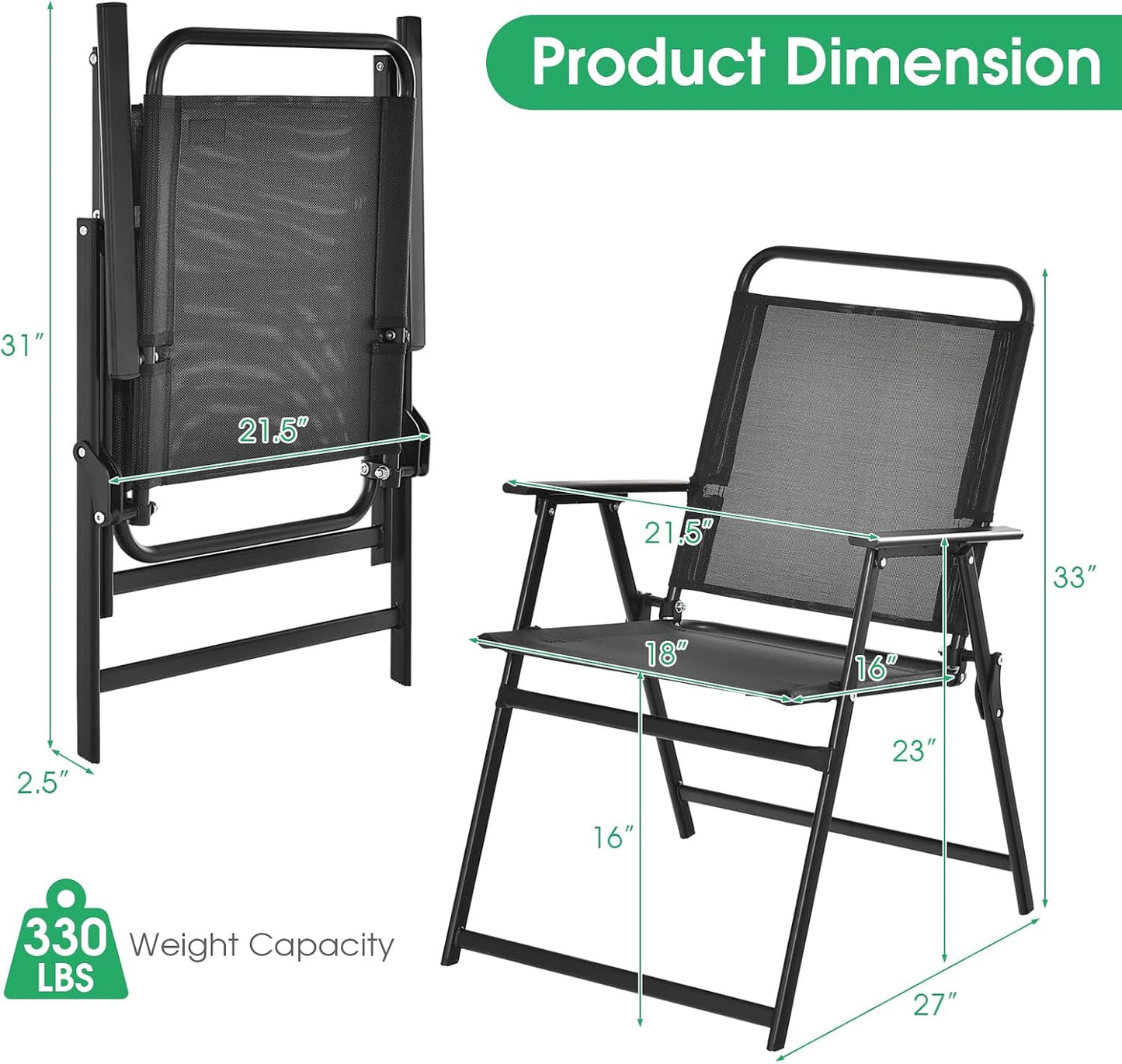 Set 4 sillas plegables exteriores con reposabrazos negro