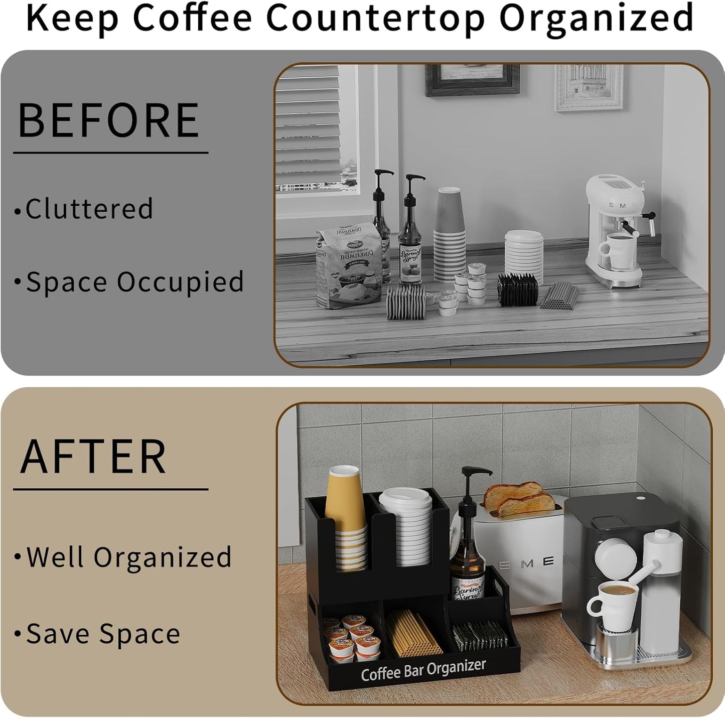 Organiz. madera encimera café tazas condimentos