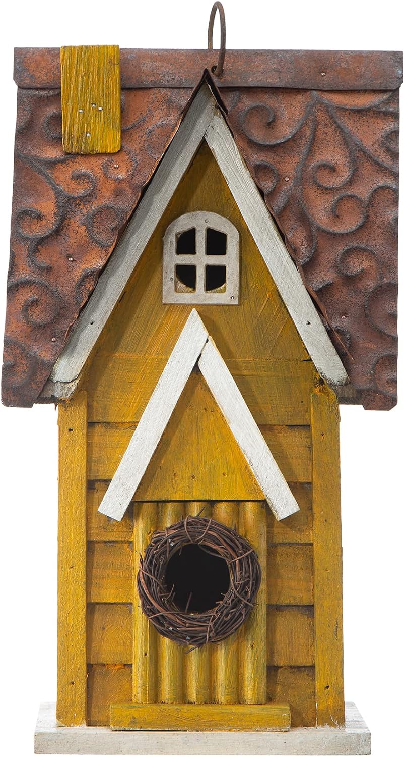 Casa para pájaros colgante madera envejecida cabaña amarilla