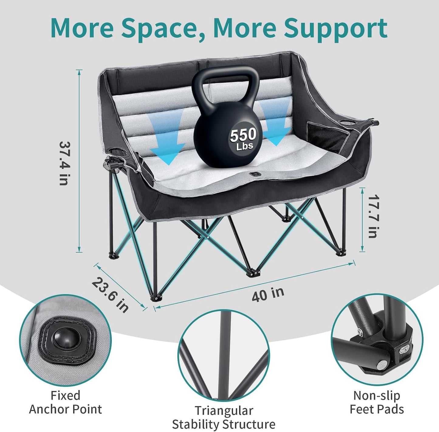 Silla camping doble plegable para 2 personas acolchada