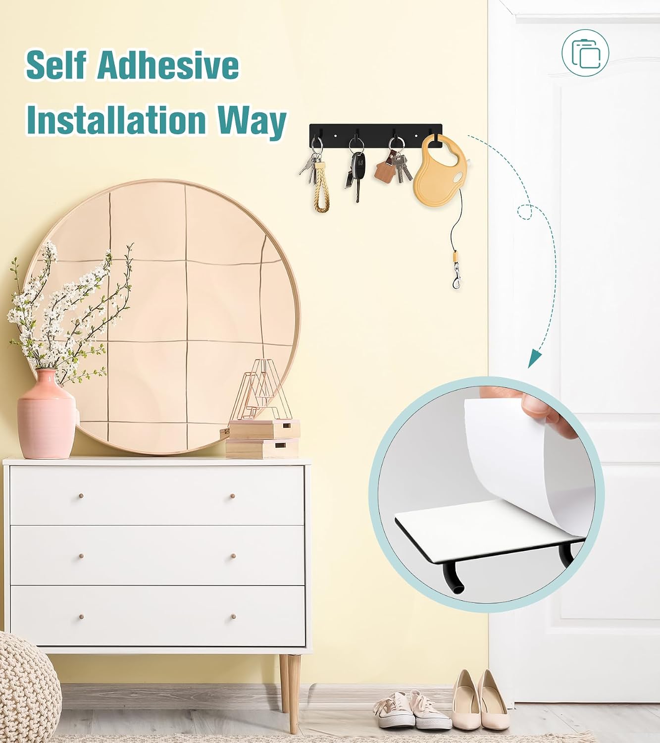 Soporte llaves pared metal autoadhesivo 4 ganchos negro