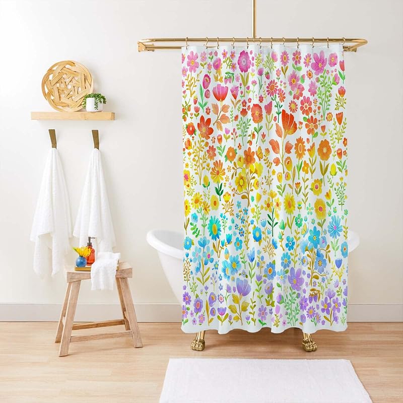 Cortina ducha bohemio con ganchos plantas florales acuarela