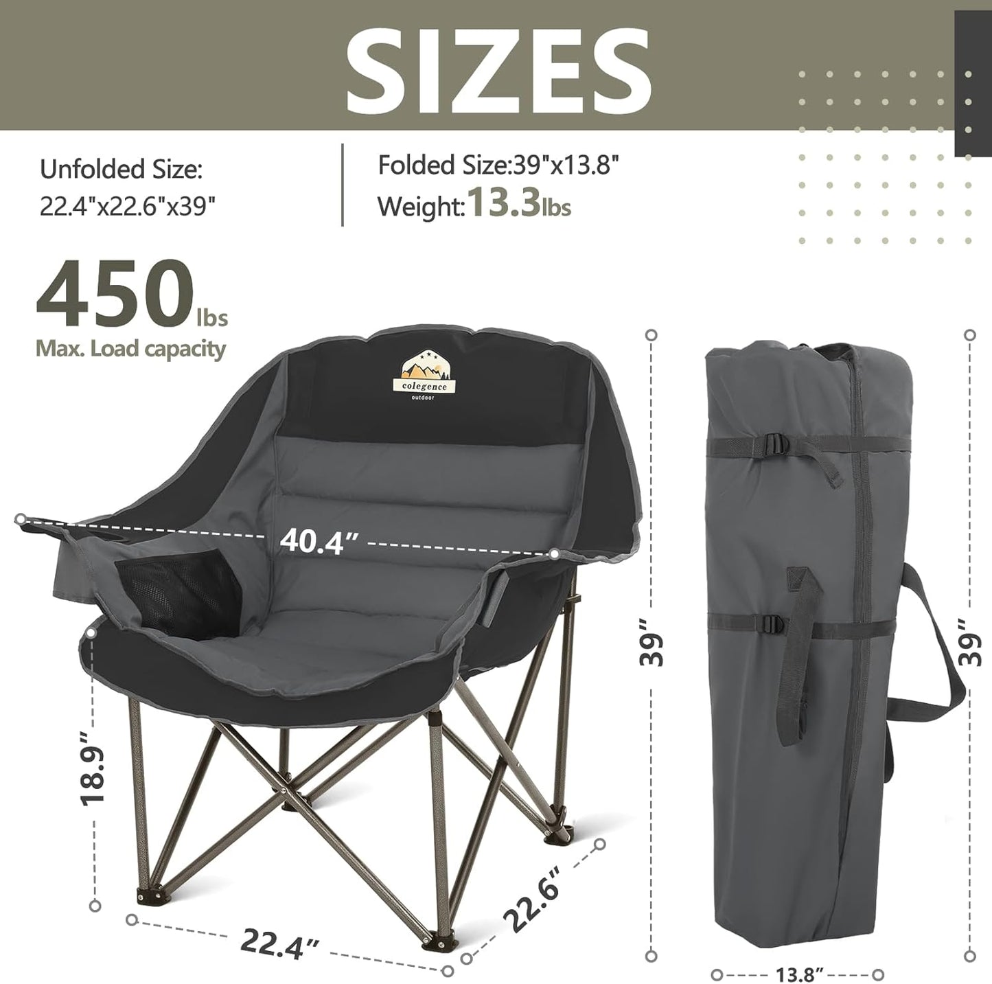 Silla campamento acolchada XL plegable 450lbs con bolsillo