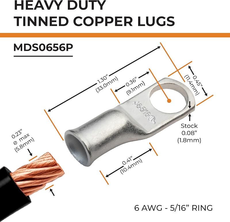 2 Terminales Anillo Cobre Estañado 6 AWG 5/16pulg