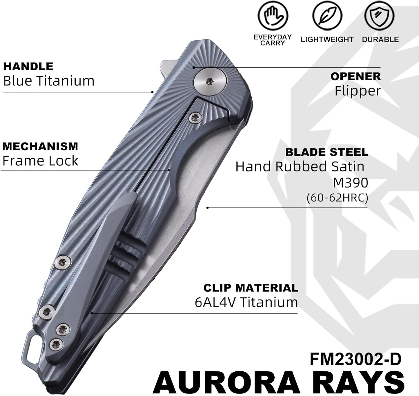 Cuchillo plegable EDC con clip mango titanio M390 azul