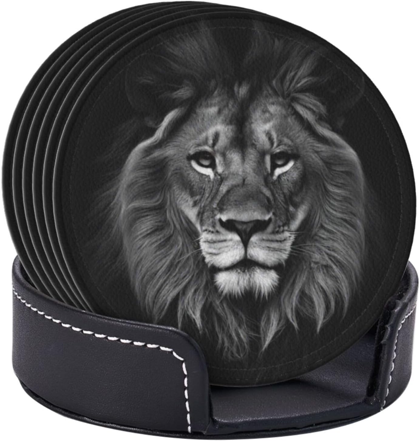 6 Posavasos Cuero León Negro 3D con Soporte para Bebidas