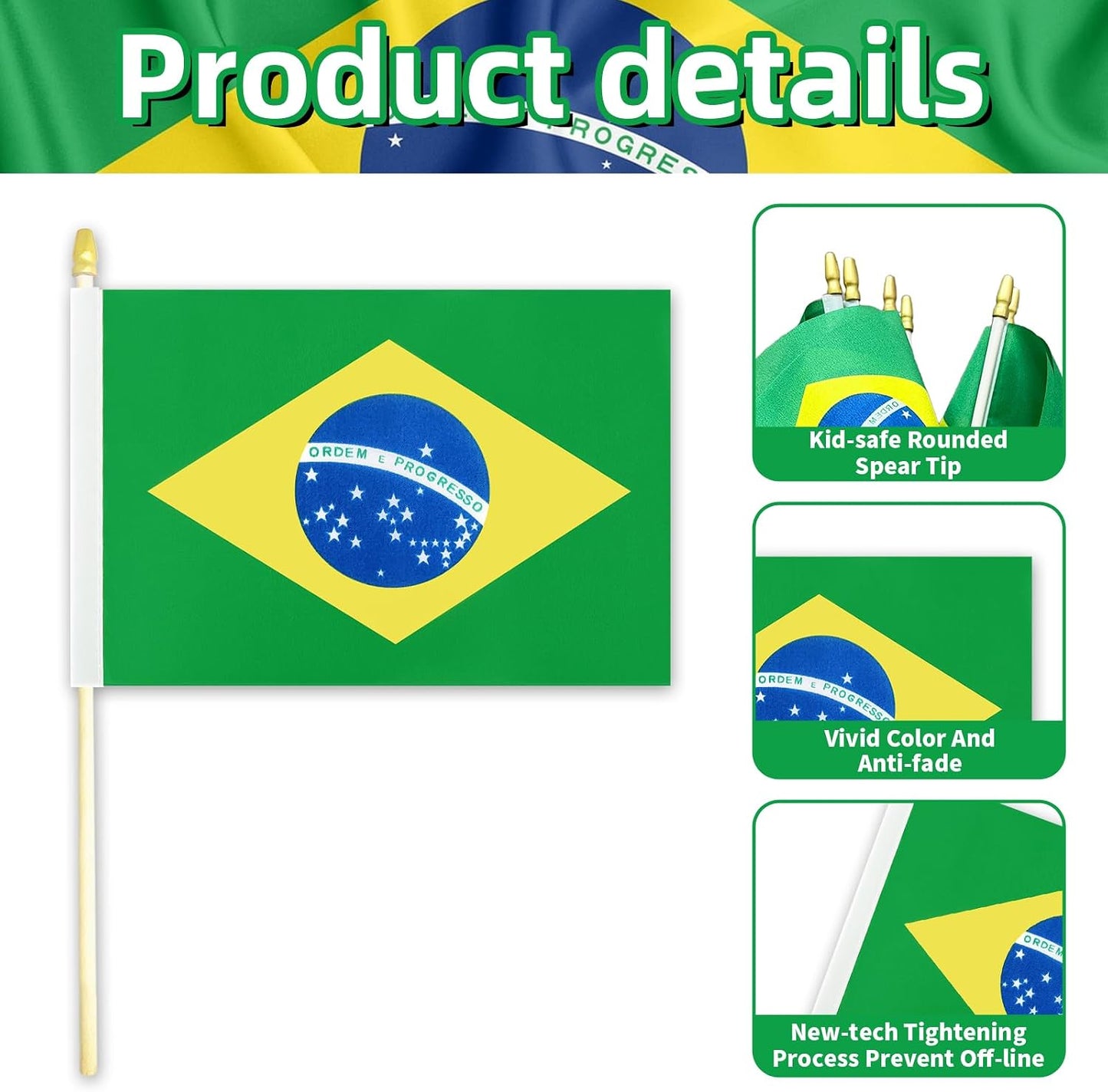 20 Banderas Brasil 5x8pulg en Palo Madera Tapa Dorada