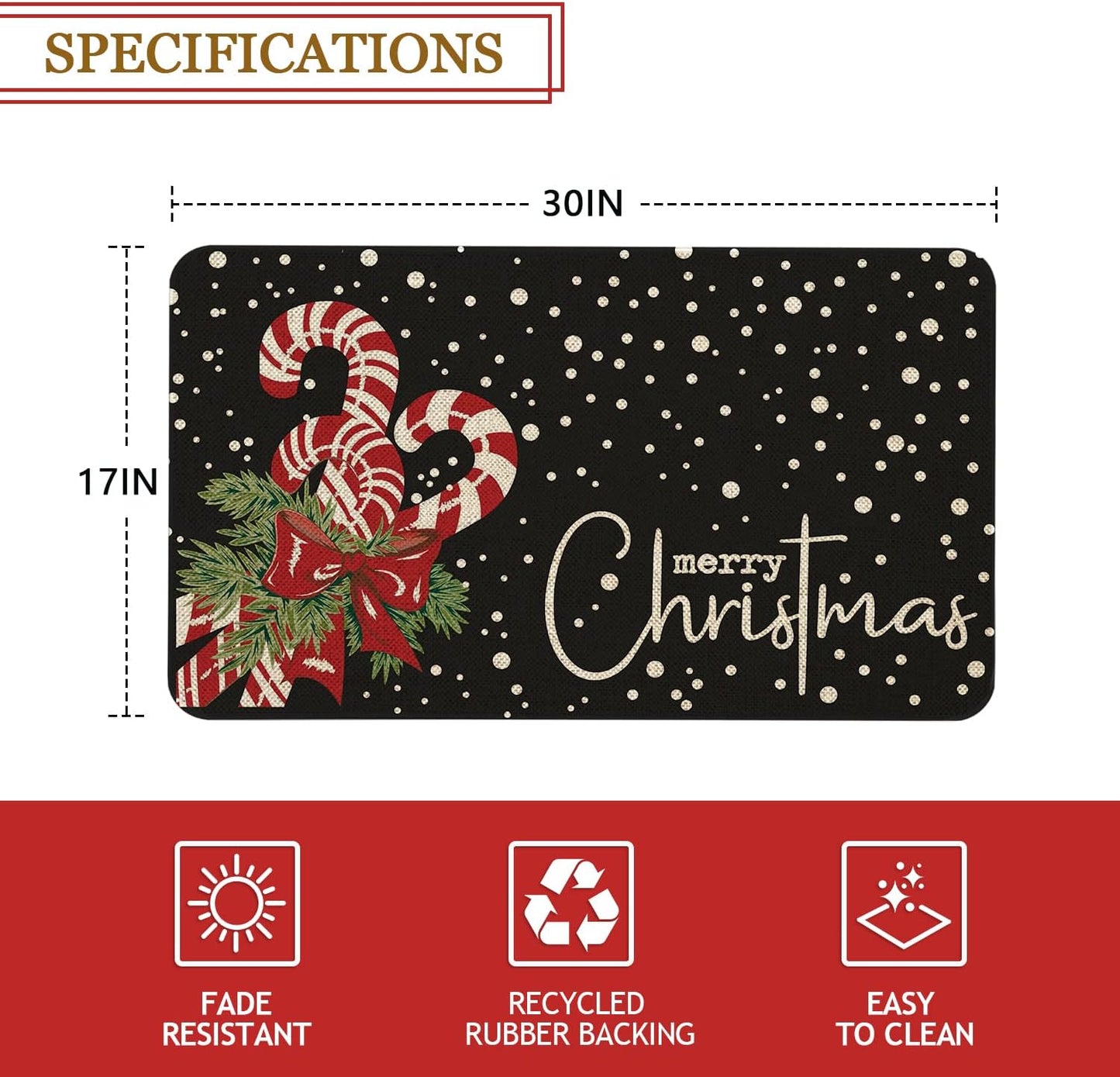 Tapete puerta Navidad bastón caramelo negro 17x30pulg