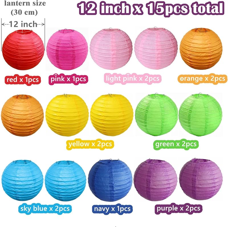 15 Pzas Linternas Papel Multicolor Colgantes 30cm
