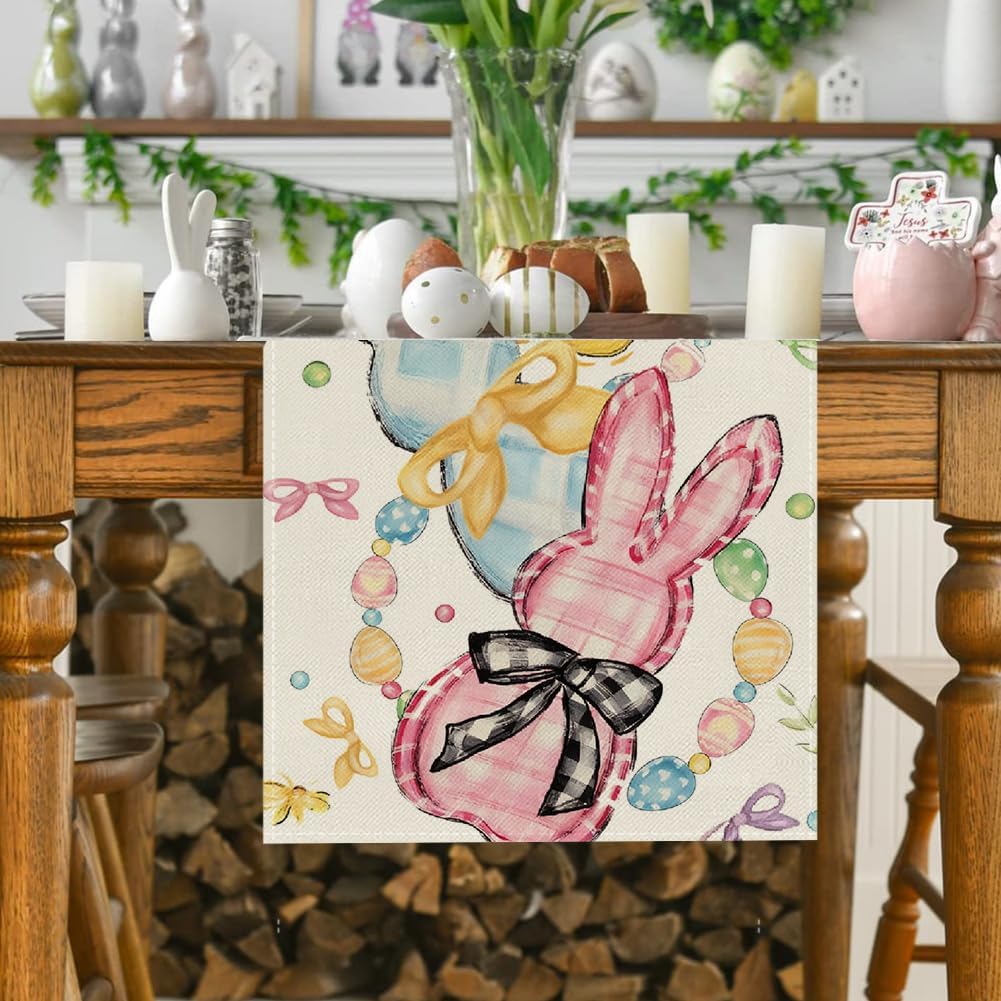 Camino de mesa de Pascua con moño, conejo y huevos para cocina y comedor