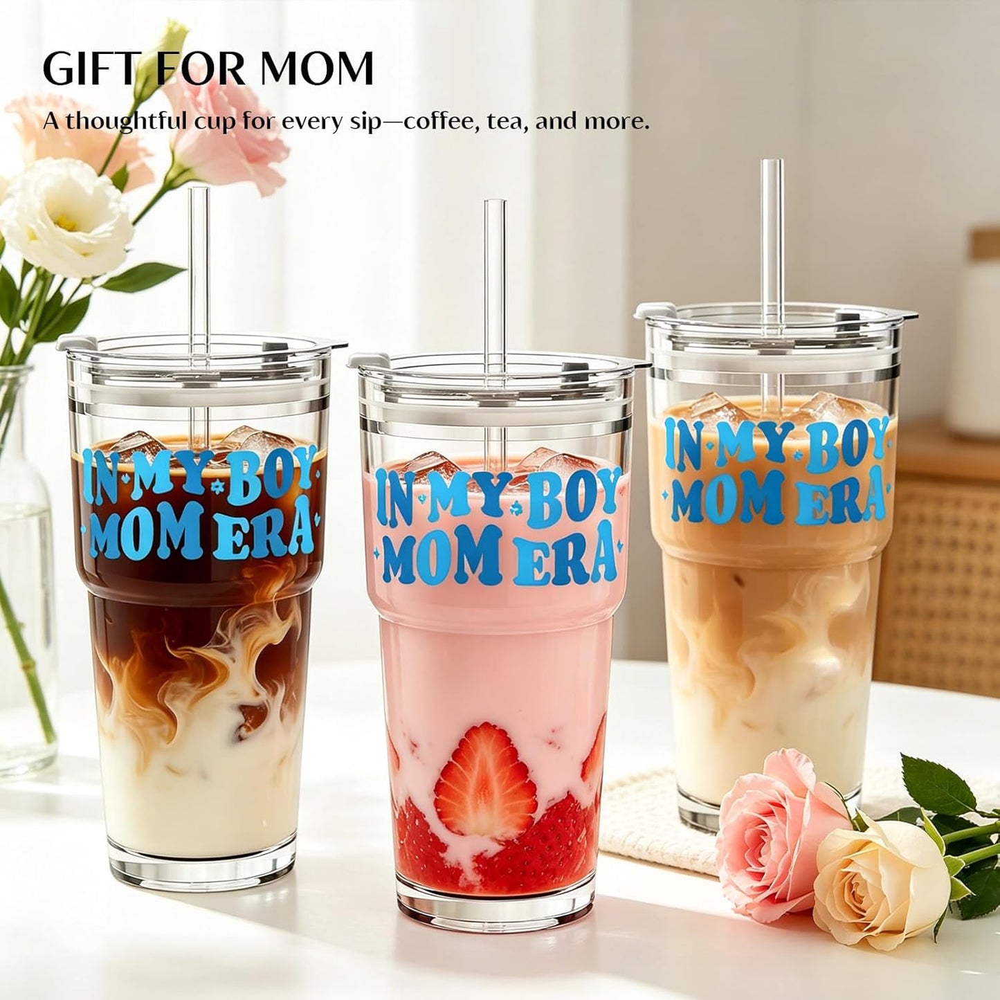 Vaso 20oz Vidrio con Tapón y Popote Regalo para Mamá