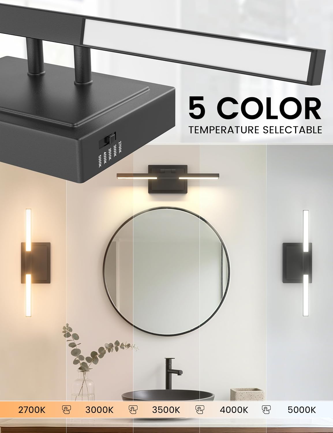 Lámpara baño LED negras sobre espejo 15.7pulg regulable ETL