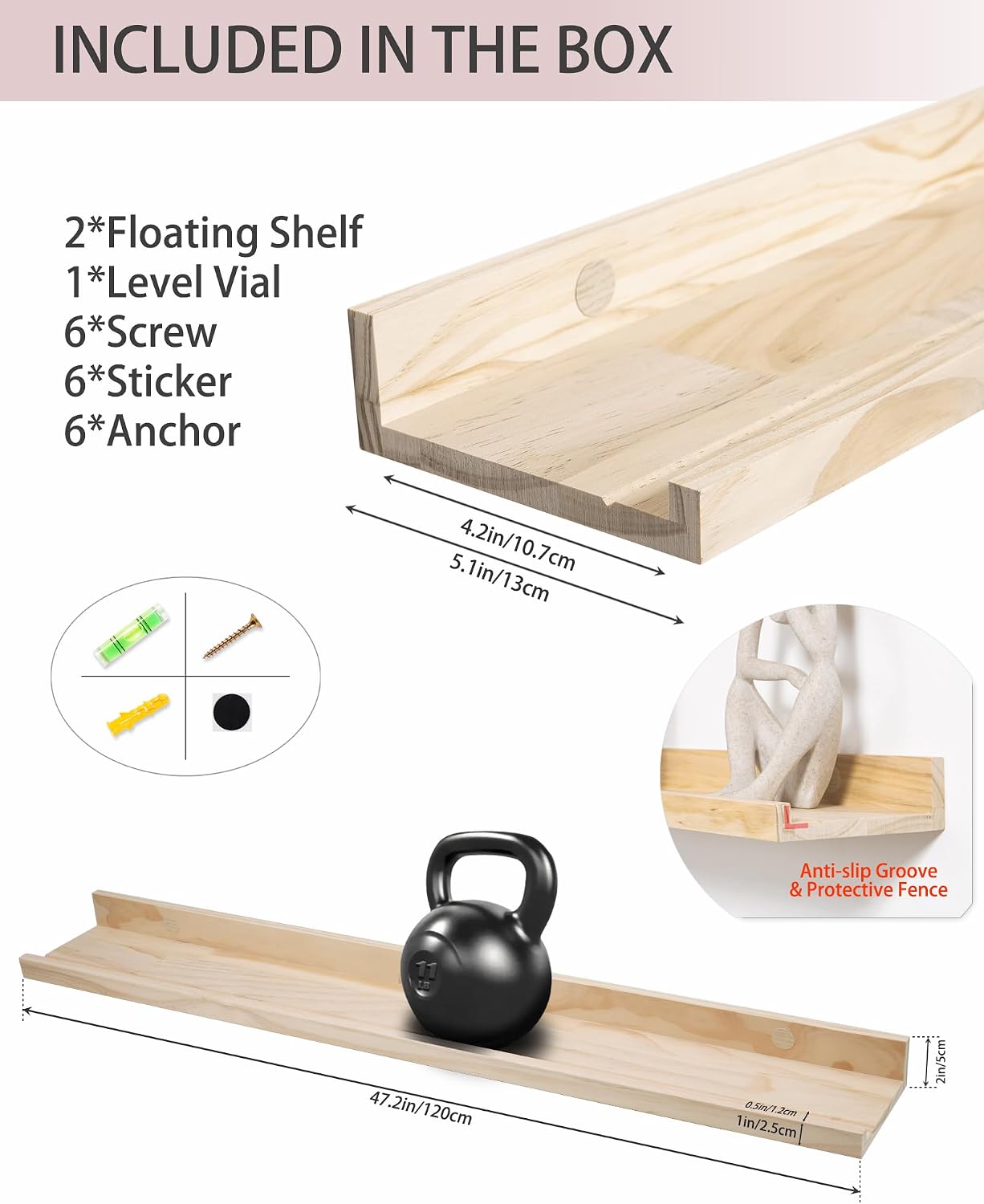 Estantes flotantes madera pino 48" dormitorio set 2