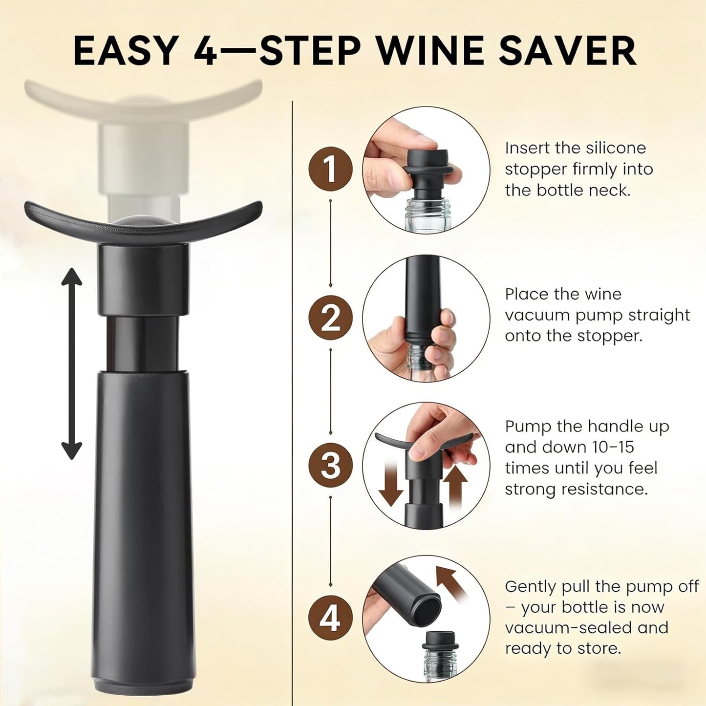 Bomba vacío para vino con 4 tapones selladores reutilizables